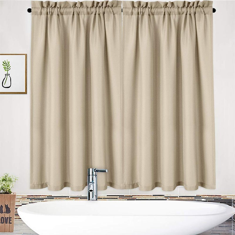 NANAN Waffle Woven Textured Short Curtains for Kitchen Waterproof Window Covering for Bathroom - 30" x 45", Plaza Taupe, Set of 2 - Image 2